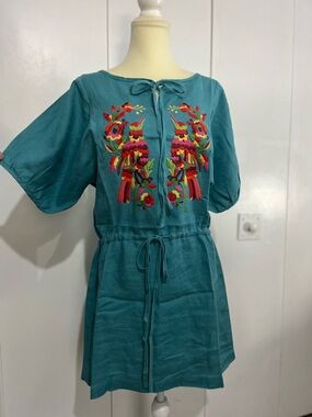 Uncle Frank 100% Linen Bird Embroidered Short Sleeve Mini Dress